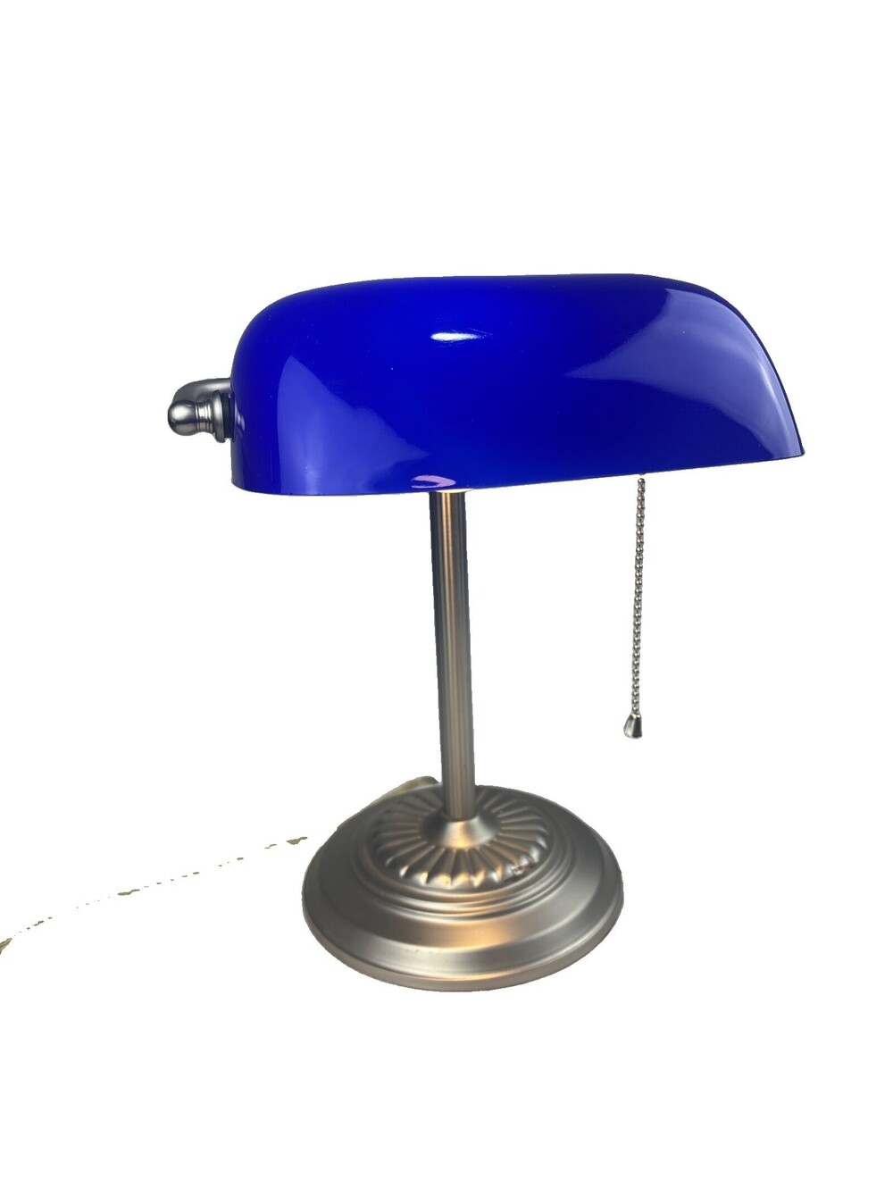 Vtg Silver Tone Bankers Desk Lamp 14" Cobalt Blue Glass Shade Tested WORKS
